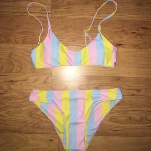 Striped Thin Strap Top With High Leg Bikini Set.